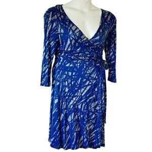Banana Republic True Wrap Dress Lyocell Teal and Grey Print Long Sleeve Size M
